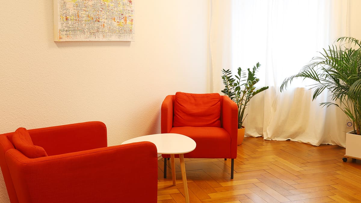 Referenz Praxis für Psychotherapie Peterhänsel Leipzig Blick auf zwei orangerote Sessel mit einem kleinen Tisch sowie zwei Pflanzen vo einem Fenster mit zugezogenem Vorhang