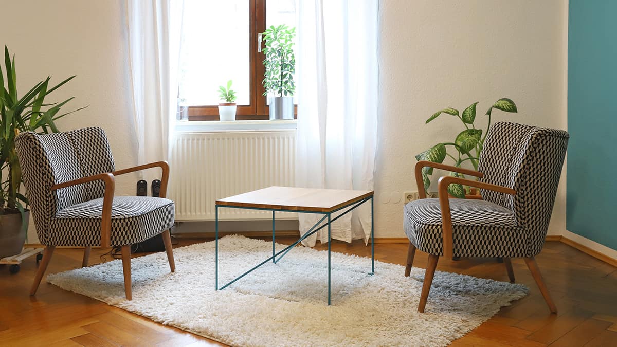 Referenz Praxis für Psychotherapie Peterhänsel Leipzig zwei schwarz-weiße Sessel und einem kleinen Tisch vor einem Fenster im Sprechzimmer mit mehreren Pflanzen im Hintergrund